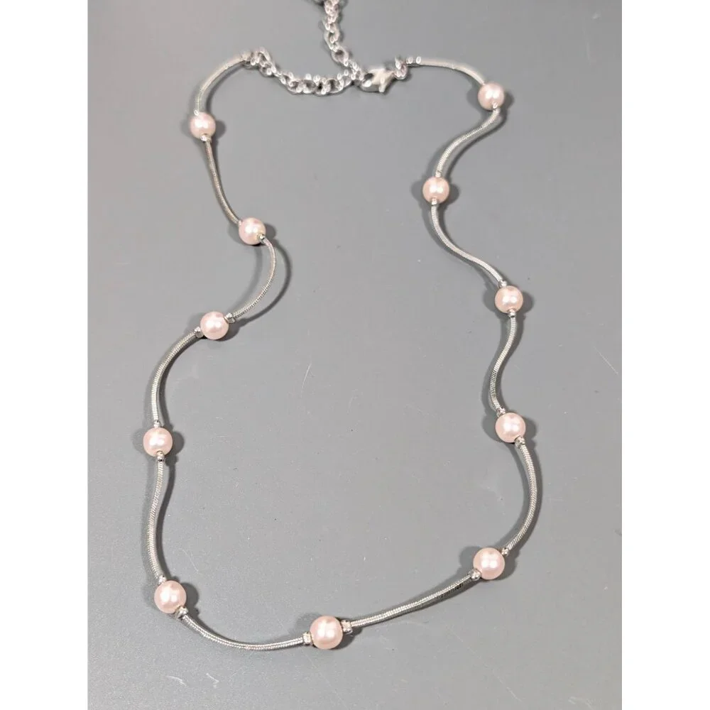 Silver Tone Faux Pearl Station Chain‎ Necklace Elegant Bridal Classic 19